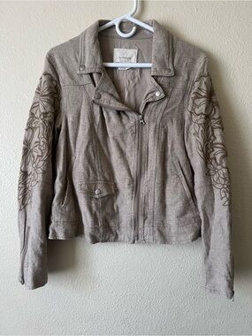 Y2K Anthropologie Tessa Floral Embroidery Boyfriend Moto beige Jacket Small